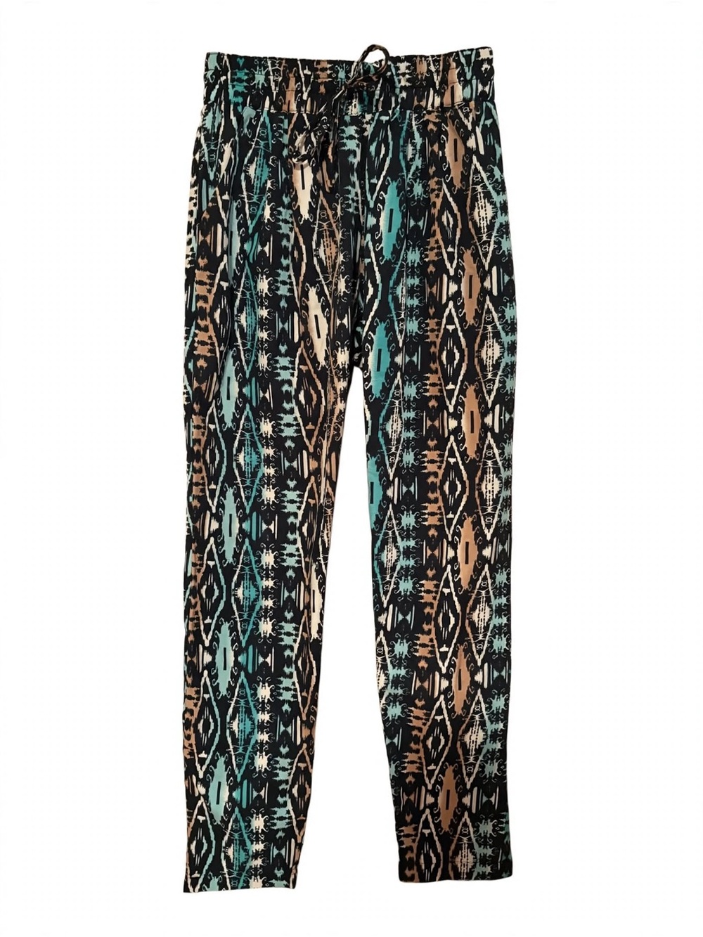 Women's Aztec Print Drawstring Pants - Black, Teal & Tan Like New